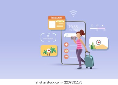 Online travel, trip and tourist concept. Woman backpacker holding camera, carrying luggage enjoy her trip with online smart information on mobile app. 3D vector.