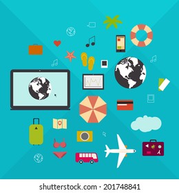 Online travel, vacation, business trip, mobility design elements in a flat style.