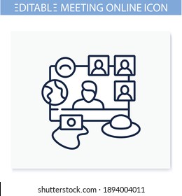 Online traveling line icon. Meeting together concept. Internet streaming website. Social distanced virtual excursion tour. Travel blogger or streamer. Isolated vector illustration. Editable stroke