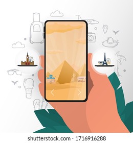 Online Traveling. Palm with smartphone and attractions. Hand draw doodle elements on the background