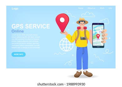 Online Traveling. Travel And Vacation. GPS Mobile Navigation Technology. Tourist Searching For Gps Location Map On Virtual Screen Mobile App. Trip Planning. Online Booking Service Vector Illustration.