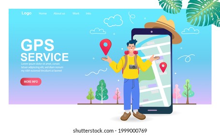 Online Reisen. Reisen und Urlaub. GPS-Mobilnavigationstechnologie. Tourist sucht nach GPS Standortkarte auf Virtual Screen Mobile App. Reiseplanung. Online-Buchungsservice, Vektorgrafik.