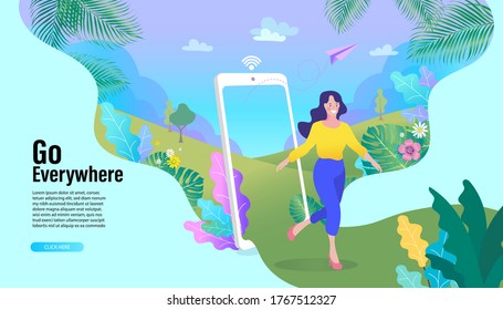 Online Travelling Illustration for landing page. Travel and vacation concept. Woman with a smartphone. Walk in the park in nature along the path.