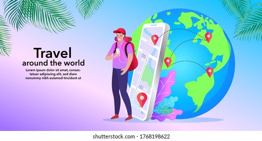 Online travelling Illustration for landing page. Travel and vacation concept. Man using mobile navigation app.