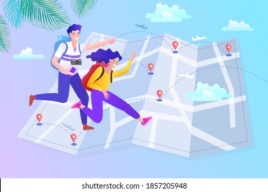Online travelling Illustration for landing page. Travel and vacation concept. Man and woman using mobile navigation app.
