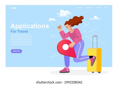 Online travelling Illustration for landing page. Travel and vacation concept. Man using mobile navigation app. people booking hotel and search reservation. vector illustration.