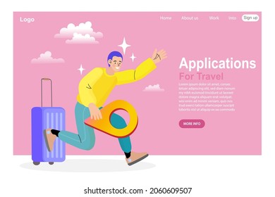 Online travelling Illustration for landing page. Travel and vacation concept. Man using mobile navigation app. people booking hotel and search reservation. vector illustration.