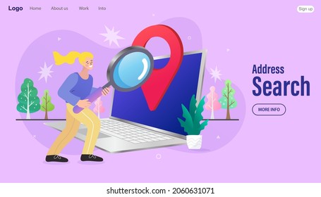 Online travelling Illustration for landing page. Travel and vacation concept. woman using laptop navigation app. Searching for travel information. GPS map and navigation apps. vector illustration.