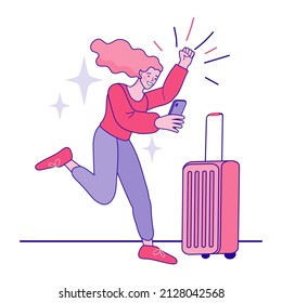 Online Travelling Illustration for landing page. Travel and vacation concept. Woman with a smartphone. Trip planning. Online booking service vector outline illustration.