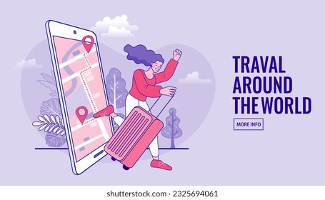 Online travelling Illustration for landing page. Travel and vacation concept. woman using mobile navigation app. Searching for travel information. GPS map and navigation apps. vector.