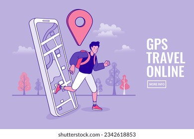 Online travelling Illustration for landing page. Travel and vacation concept. man using mobile navigation app. Searching for travel information. GPS map and navigation apps. vector outline.