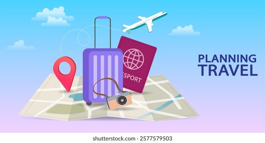 Online travelling Illustration for landing page. Travel and vacation concept. Man and woman using mobile navigation app.