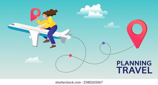 Online travelling Illustration for landing page. Travel and vacation concept. Man using mobile navigation app. tourist with baggage and big smartphone. Travel navigation app with map and location pins