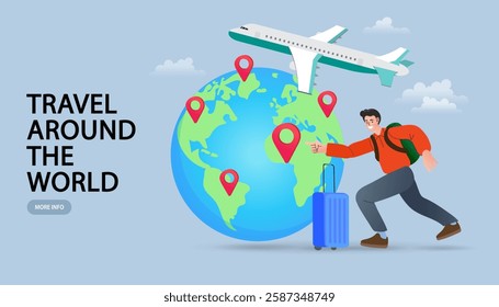 Online travelling Illustration for landing page. Travel and vacation concept. Man using mobile navigation app. tourist with baggage and big smartphone. Travel navigation app with map and location pins