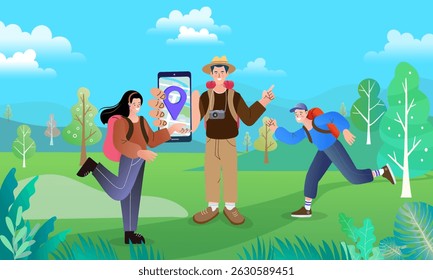 Online Travelling Illustration for landing page. Travel and vacation concept. Woman with a smartphone. Walk in the park in nature along the path.