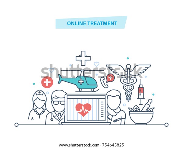 Online\
treatment. Ambulance mobile service, medical healthcare. Diagnosis\
of diseases, patient care, online medical consultation, service.\
Illustration thin line design of vector\
doodles.