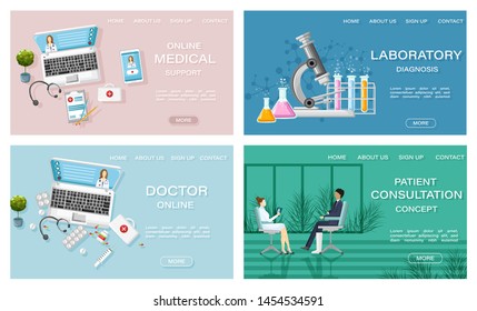 Online treatment medicine and healthcare concept Vector. Patient consultation. Laboratory and medicine prescriptions. flat style templates set illustration