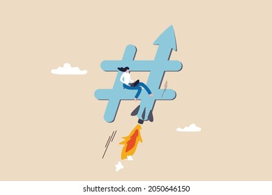 Online trend, popular hashtags or social media talk, digital marketing or advertising strategy concept, young woman marketer using laptop computer on moving hashtag with rocket booster.