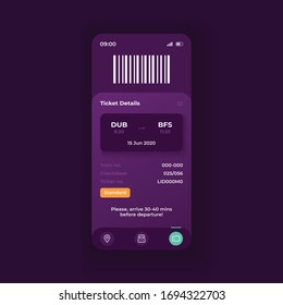 Online trip reservation application smartphone interface vector template. Mobile app page dark theme design layout. Electronic ticket info screen. Flat UI for application. Details on phone display