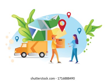 Online truck delivery service concept, online order tracking, Delivery home and office. City logistics, truck, courier, delivery man, on mobile. flat style design isolated on white background