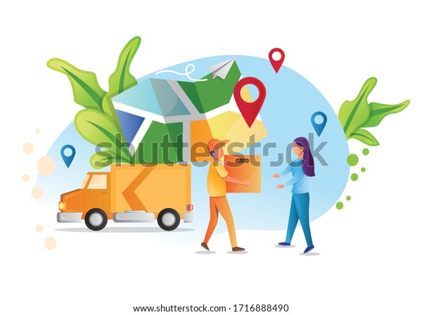 Online truck delivery service concept, online\
order tracking, Delivery home and office. City logistics, truck,\
courier, delivery man, on mobile. flat style design isolated on\
white background