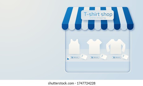 online t-shirt storefront concept with price tag and button add to cart ,studio style paper cut background.vector illustration about promotion marketing.