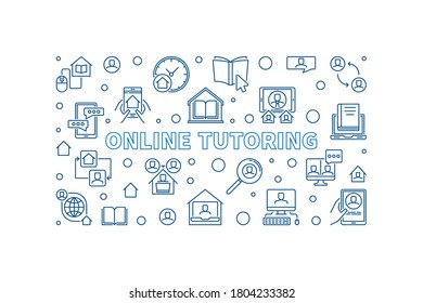 Online Turoring vector blue line concept horizontal illustration or banner