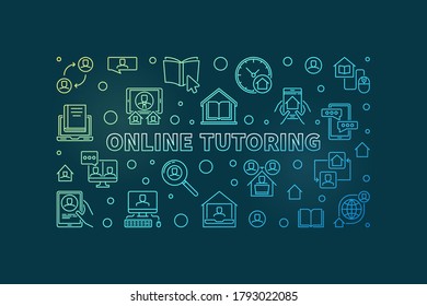 Online Turoring vector colorful thin line concept horizontal illustration or banner on dark background