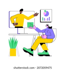 Illustration vectorielle abstraite du concept de tuteur en ligne. Sur demande devoirs, enseignant en ligne, école à domicile, apprentissage personnel, appel vidéo, regarder webinaire, écrire des notes, préparer la métaphore abstraite de l'examen.