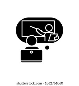 Online tutor black glyph icon. E-learning platform. Online classes. Webinar. Homework help. Real-time video chat. Live stream. Silhouette symbol on white space. Vector isolated illustration
