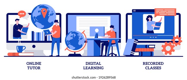 Online Tutor, Digital Learning, Recorded Classes Concept With Tiny People. Personal Learning Vector Illustration Set. Video Call, Webinar, Smart Classroom, Training Courses, Elearning Metaphor.