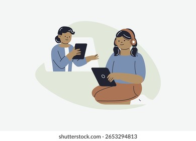 Online Tutor Guiding Student through Digital Learning Session Vector