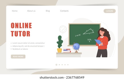 Online tutor. Landing page template. Female teacher in classroom at chalkboard. School and college concept. Vector illustration in flat cartoon style.