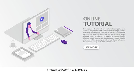 Online tutorial concept in isometric style, learn from home by video conference platform