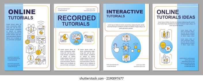 Online tutorials blue brochure template. Educational content. Leaflet design with linear icons. Editable 4 vector layouts for presentation, annual reports. Arial-Black, Myriad Pro-Regular fonts used