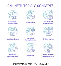 Online tutorials blue gradient concept icons set. Distant learning. Virtual education idea thin line color illustrations. Isolated symbols. Roboto-Medium, Myriad Pro-Bold fonts used