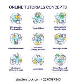 Online tutorials concept icons set. Distant learning. Virtual education idea thin line color illustrations. Isolated symbols. Editable stroke. Roboto-Medium, Myriad Pro-Bold fonts used
