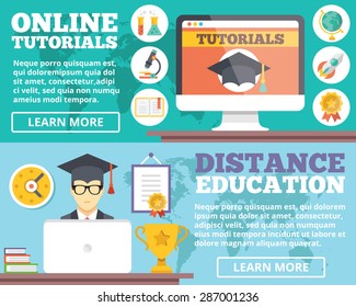 Online tutorials, distance education flat illustration concepts set. Flat design concepts for web banners, web sites, printed materials, infographics. Creative vector illustration