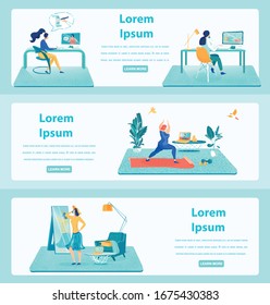 Online Tutorials Flat Web Banner Templates Set. Young Girl Passing ELearning Course Cartoon Character. Woman Practicing Yoga at Home, Watching Video. Lessons. E Commerce Store Clients Ordering Goods