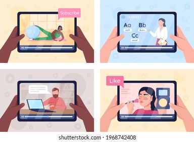 Online tutorials on tablet screen flat color vector illustration set. Internet education class. E learning. Learn hobby. Remote teachers 2D cartoon characters with workshop studio on background