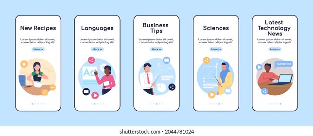 Online tutorials onboarding mobile app screen flat vector template. Internet classes. Walkthrough website 5 steps with characters. Creative UX, UI, GUI smartphone cartoon interface, case prints set