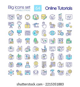 Online tutorials RGB color icons set. Educational content. Elearning. Isolated vector illustrations. Simple filled line drawings collection. Editable stroke. Quicksand-Light font used