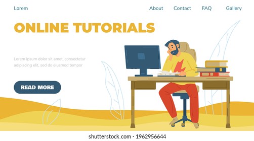 Online tutorials website concept with man student in learning process in front of desktop computer, flat vector illustration. Online education and distance learning.