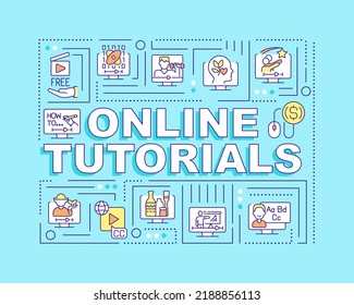 Online tutorials word concepts turquoise banner. Elearning. Infographics with editable icons on color background. Isolated typography. Vector illustration with text. Arial-Black font used