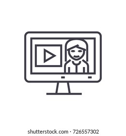 online tutorials,education in monitor vector line icon, sign, illustration on background, editable strokes