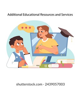 Online tutoring concept. Curious student engages with digital educational resources, getting help with studies from female tutor. Impact of technology on modern education. Flat vector illustration