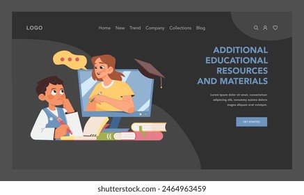 Online tutoring concept. Curious student engages with digital educational resources, getting help with studies from female tutor. Impact of technology on modern education. Flat vector illustration