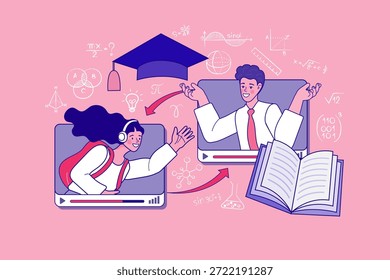 Aprendizagem on-line e conceito de ensino à distância com professor explicando a lição ao aluno através de telas de vídeo chamada para o sucesso acadêmico e objetivo de formatura.