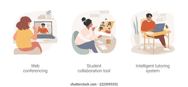 Online Tutoring Tools Isolated Cartoon Vector Illustration Set. Web Conferencing, Student Collaboration Tool, Intelligent Tutoring System Software, Video Call Live, Student Chats Vector Cartoon.