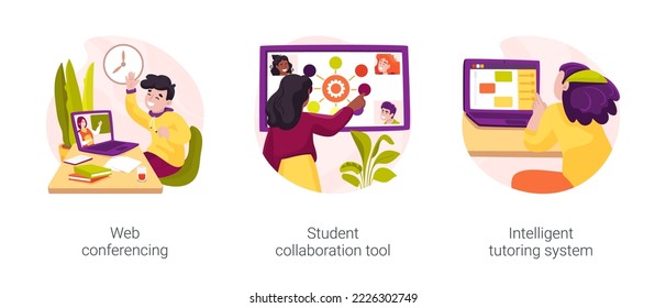 Online Tutoring Tools Isolated Cartoon Vector Illustration Set. Web Conferencing, Student Collaboration Tool, Intelligent Tutoring System Software, Video Call Live, Student Chats Vector Cartoon.